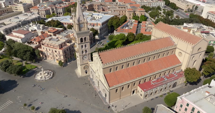 Aerial closeup view of Messina Cathedral. The Metropolitan Cathedral Basilica of Santa Maria Assunta is a Roman Catholic church located in the historic center. It has a beautiful bell tower and facade