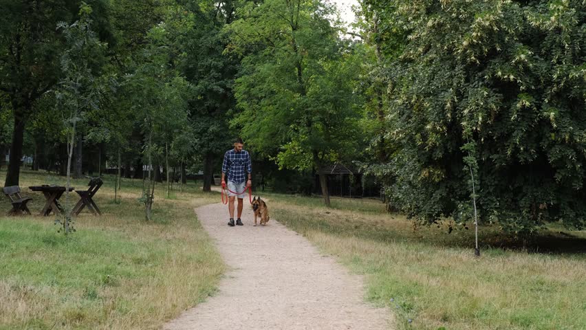 A young man walks with a German Shepherd along a quiet park path surrounded by summer greenery. The footage shows calm outdoor activity and the bond between a person and a dog