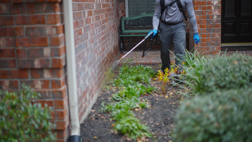 Applying pesticide solution to exterior brick wall foundation of residential building