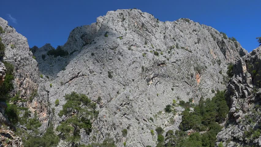 Time lapse of steep rocky mountain wall with sparse forest on rugged mountainside. Sheer rock face and scattered trees define dramatic European highland terrain.