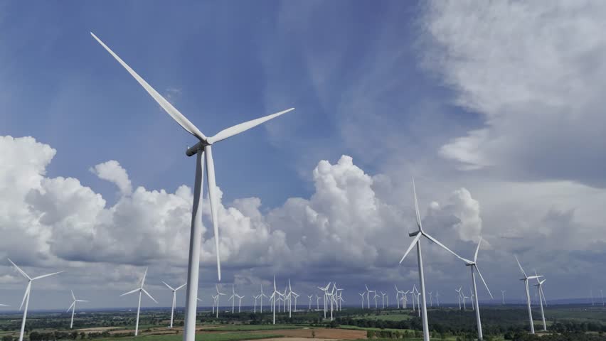 Wind turbines at green mountain hill clean sustainable electricity power, Green generator cloudy blue sky