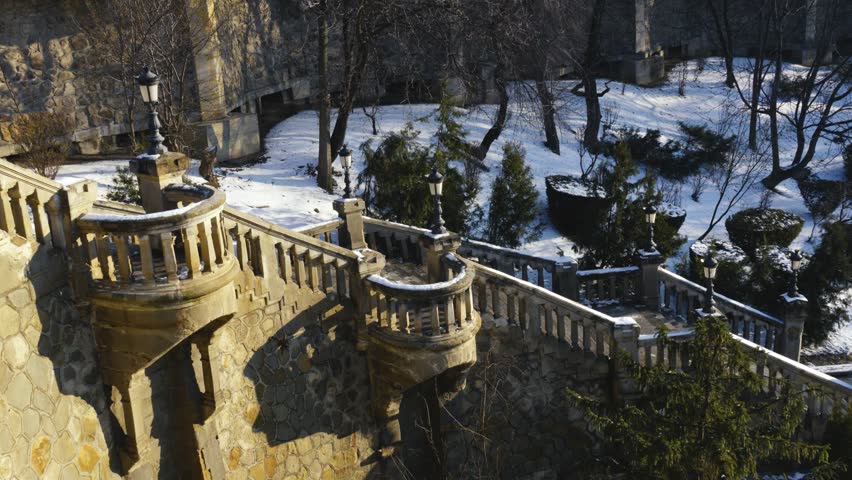 Historic stone staircase architecture at Râpa Galbenă in Iasi Romania featuring classical balustrades and monumental heritage structure