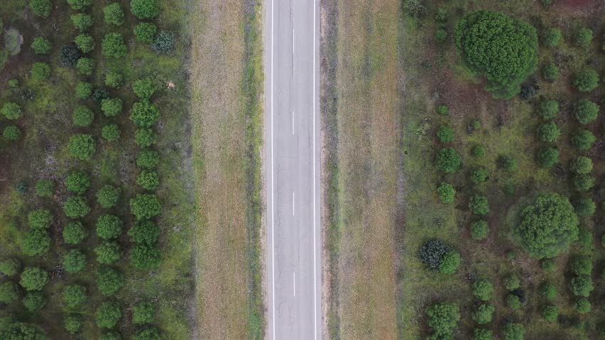 Slow drone flight forward over empty rural road