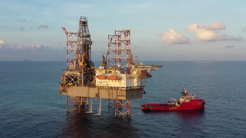 Aerial view from a drone of big jack up offshore drilling oil rig, production platform and supply vessel In the ocean during sunset - Oil and Gas Industry
