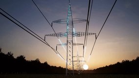 AR data visualization of energy flow through overhead power lines used in electric transmission and distribution. Steel tower high voltage electrical cables, 3d animation pylon. sustainable. cables - Powered by Shutterstock - Get 15% off with code: PIKWIZARD15