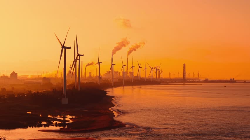 Sunrise over industrial landscape with wind turbines and smoke of industry oil factory stacks by sea.