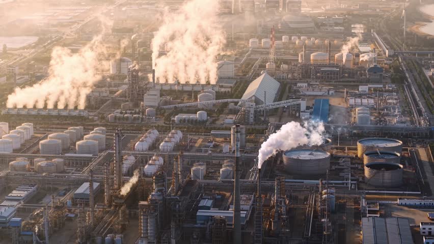Industrial plant emissions pollution at dawn: aerial view of smoke and infrastructure of oil factory.