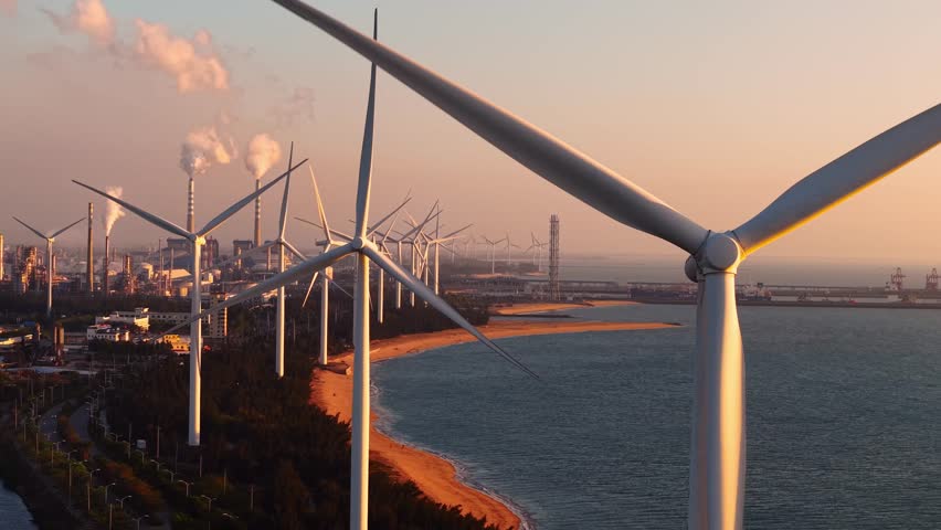 Wind turbines along coastal city skyline at sunset in renewable energy scene.