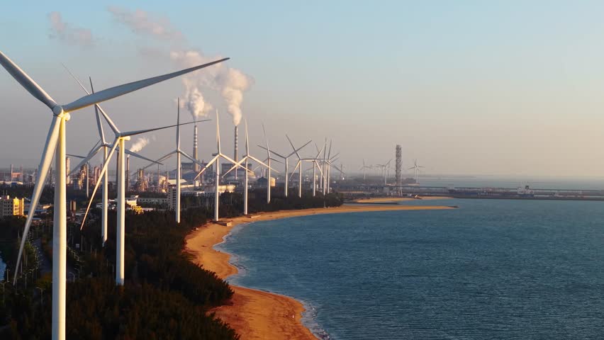 Aerial view of coastal wind turbines near industrial landscape at sunset.
