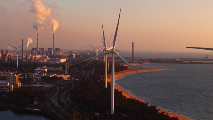 Renewable wind turbines and industrial factory emissions of chemical oil plant at sunset by sea.