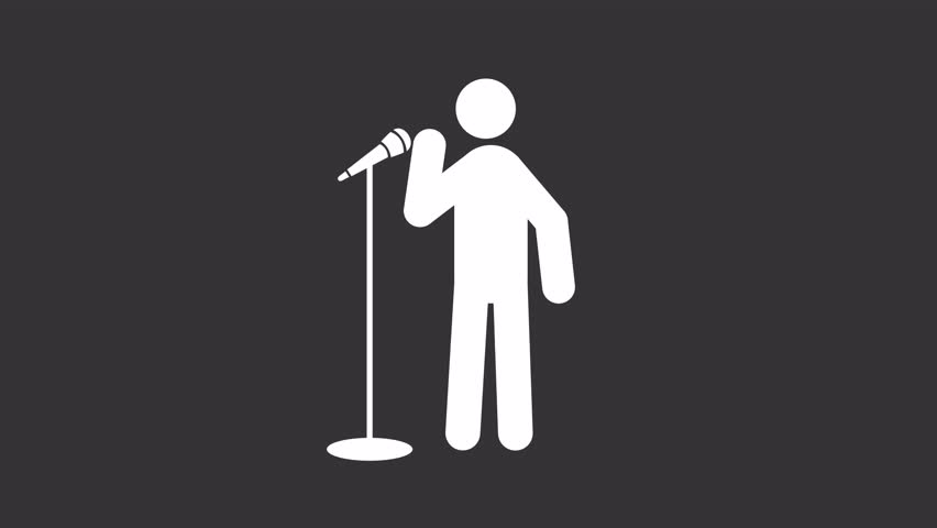 Public speaker white glyph stickman animation. Singing person. Voice control, recording microphone. Dynamic stick figure isolated on black background. Animated solid silhouette motion