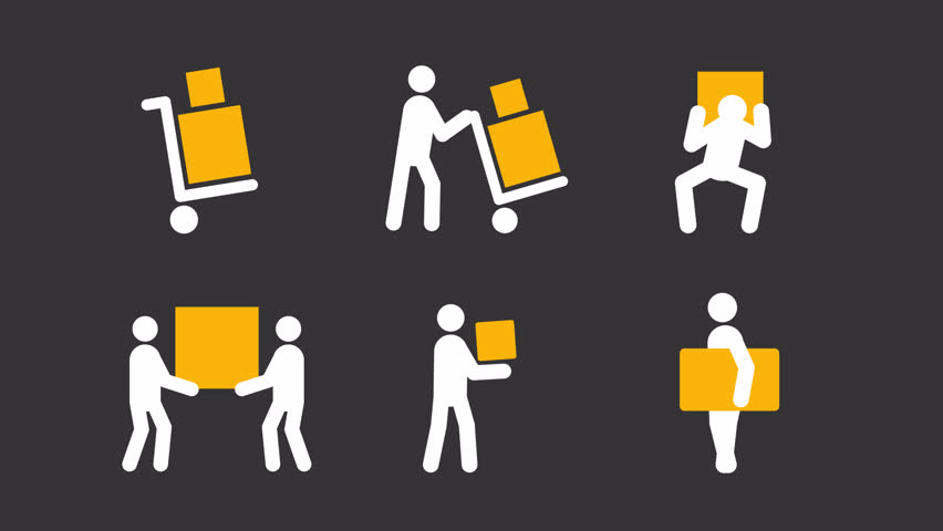 Delivery workers stick men white glyphs animation set. Logistics service, goods transportation. Manual labor. Simple human silhouettes dynamic movement. Solid pictogram symbols HD video