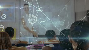 Animation of network of connections over caucasian female teacher and diverse students. global education, connections, networks and communication concept digitally generated video. - Powered by Shutterstock - Get 15% off with code: PIKWIZARD15