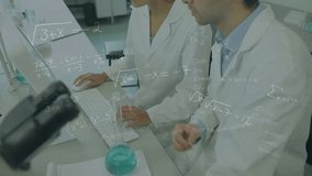 Animation of mathematical equations over diverse scientist in lab cityscape. global science, technology and digital interface concept digitally generated video. - Powered by Shutterstock - Get 15% off with code: PIKWIZARD15