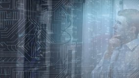 Animation of moving columns and computer circuit board over caucasian businessman in server room. global technology, data processing and digital interface concept digitally generated video. - Powered by Shutterstock - Get 15% off with code: PIKWIZARD15