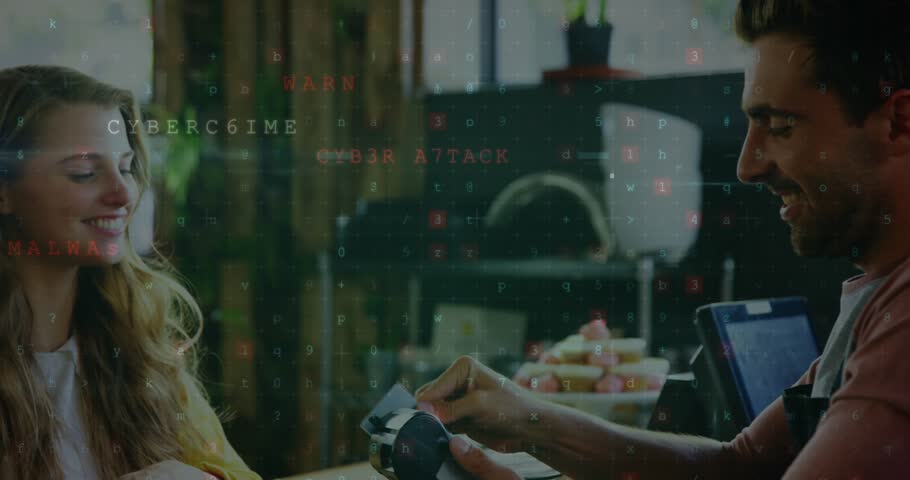 Animation of files icons and cyberattack warning over diverse people paying with credit card. Global technology, finances and digital interface concept digitally generated video.