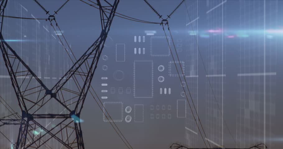 Animation of data processing and metaverse city over electricity poles. Energy, electricity, data processing, security and technology concept digitally generated video.