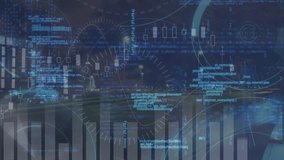 Animation of data processing, star, graphs, globe and night cityscape. Global network, connections, communication and technology concept digitally generated video. - Powered by Shutterstock - Get 15% off with code: PIKWIZARD15