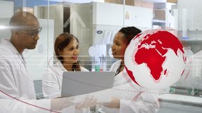 Animation of globe and icons rotating over diverse scientists discussing over laptop in laboratory. Digital composite, multiple exposure, research, globalization, medical and technology concept. - Powered by Shutterstock - Get 15% off with code: PIKWIZARD15