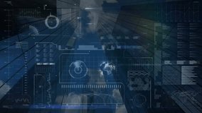 Animation of neon round scanner over digital interface with data processing against blue background. Computer interface and business technology concept - Powered by Shutterstock - Get 15% off with code: PIKWIZARD15