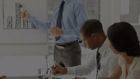 Animation of trading board and graphs over diverse male manager explaining reports to coworkers. Digital composite, multiple exposure, stock market, business, teamwork and communication concept. - Powered by Shutterstock - Get 15% off with code: PIKWIZARD15