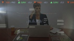 Animation of financial data processing over caucasian businesswoman using laptop in office. Global business, finance, computing and data processing concept digitally generated video. - Powered by Shutterstock - Get 15% off with code: PIKWIZARD15
