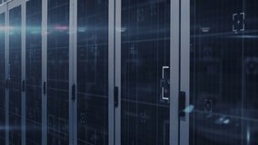 A concept for a social media and communication interface that is digitally generated and animated digital data processing flowing through a network of computer servers in a server room with glowing - Powered by Shutterstock - Get 15% off with code: PIKWIZARD15