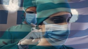 Animation of greece flag over diverse male surgeon assisting female surgeon in tying surgical mask. Global medical healthcare concept - Powered by Shutterstock - Get 15% off with code: PIKWIZARD15