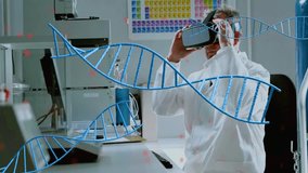 Senior scientist adjusting VR headset in lab, pinching DNA helix rotating and inspecting base pairs. Technology, innovation, research, biochemistry, digital, data visualization, science - Powered by Shutterstock - Get 15% off with code: PIKWIZARD15