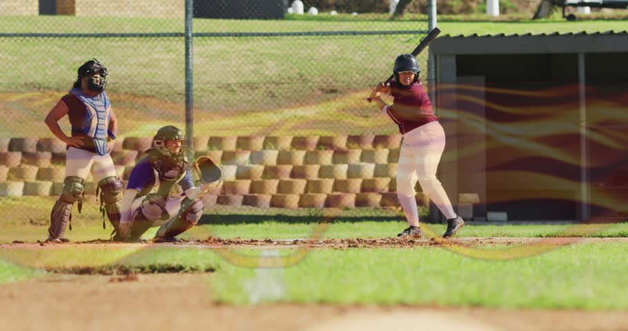 Softball batter entering box as pitch arrives swinging bat, sprinting to base, celebrating run. Action, athleticism, competition, sport, teamwork, outdoor, energetic
