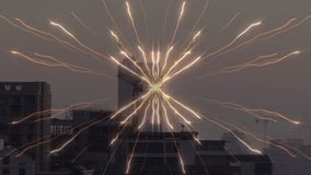 Central bright point appearing on rooftop, radiating lines, growing and pulsing to form light art. Luminescent, starburst, cityscape, cranes, haze, symmetry, abstract - Powered by Shutterstock - Get 15% off with code: PIKWIZARD15