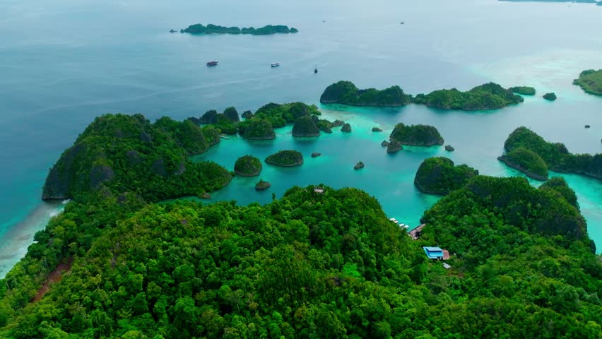 Aerial view of landscape scene with Raja Ampat Islands, Indonesian archipelago, West Papua, Indonesia	