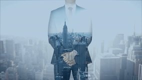 Animation of globe and cityscape over caucasian businessman. Global business and digital interface concept digitally generated video. - Powered by Shutterstock - Get 15% off with code: PIKWIZARD15