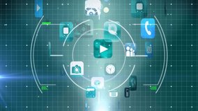 Animation of hud processing with media icons on digital interface with grid patterns. Digital composite, data, technology, artificial intelligence, cloud computing, communication, social media. - Powered by Shutterstock - Get 15% off with code: PIKWIZARD15