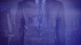 Animation of caucasian businessman with globe and data processing over cityscape. Global technology, computing and digital interface concept digitally generated video. - Powered by Shutterstock - Get 15% off with code: PIKWIZARD15