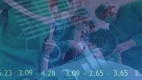 Animation of arrow symbols and medical data processing over caucasian surgeons operating patient. Composite, occupation, multiple exposure, surgeon, teamwork, surgery, technology, graph, pie chart. - Powered by Shutterstock - Get 15% off with code: PIKWIZARD15