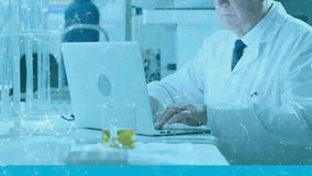 Animation of media icons over caucasian male doctor in lab. Global medicine and digital interface concept digitally generated video. - Powered by Shutterstock - Get 15% off with code: PIKWIZARD15