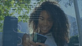 Animation of statistical data processing over african american woman using smartphone on the street. Global networking and business data technology concept - Powered by Shutterstock - Get 15% off with code: PIKWIZARD15