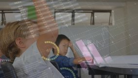 Animation of financial data processing over diverse schoolchildren in classroom. Global education, learning finances, computing and digital interface concept digitally generated video. - Powered by Shutterstock - Get 15% off with code: PIKWIZARD15