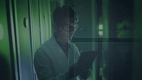 Senior engineer holding tablet amid server racks, with holographic globe and circuit patterns. Technology, innovation, cybersecurity, data, digital, futuristic, professional - Powered by Shutterstock - Get 15% off with code: PIKWIZARD15