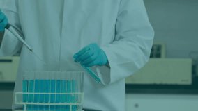 Animation of chemical structures over mid section of a male scientist working at laboratory. Medical research and science technology concept - Powered by Shutterstock - Get 15% off with code: PIKWIZARD15