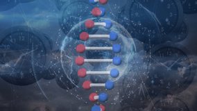 Animation of dna strand and globe over clocks. Global business and digital interface concept digitally generated video. - Powered by Shutterstock - Get 15% off with code: PIKWIZARD15