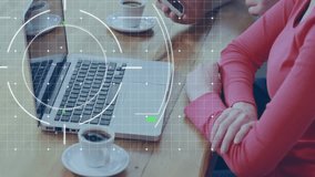 Animation of scope scanning and globe over caucasian businesswoman using smartphone. Global business, computing and digital interface concept digitally generated video. - Powered by Shutterstock - Get 15% off with code: PIKWIZARD15