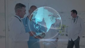 Animation of lens flare around rotating globe, multiracial doctors discussing over digital tablet. Digital composite, multiple exposure, globalization, communication, healthcare and technology. - Powered by Shutterstock - Get 15% off with code: PIKWIZARD15