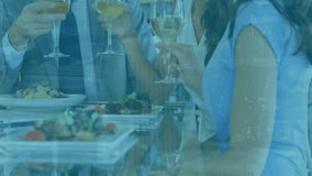 Animation of stock market data processing over diverse businesspeople toasting drinks at a bar. Global economy and business technology concept - Powered by Shutterstock - Get 15% off with code: PIKWIZARD15