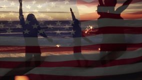 Animation of flag of america over happy diverse friends dancing with sparklers on sunset beach. American, summer, friendship, party, vacations, celebration and patriotism, digitally generated video. - Powered by Shutterstock - Get 15% off with code: PIKWIZARD15