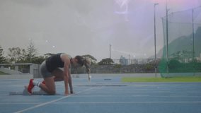 Runner preparing to start race with geometric shapes animation over track. Athlete, sports, running, competition, geometry, athletic - Powered by Shutterstock - Get 15% off with code: PIKWIZARD15