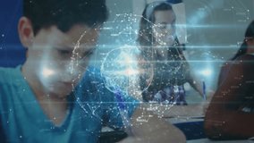Students writing at desks pausing as holographic globe forming pulsing nodes inspiring focus. Education, collaboration, innovation, digital, technology, learning, teamwork - Powered by Shutterstock - Get 15% off with code: PIKWIZARD15