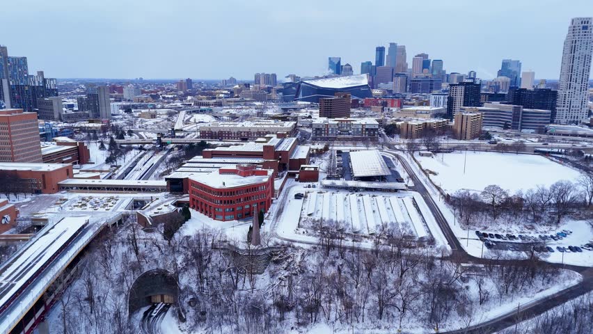 University of Minnesota East Bank Campus and Downtown Minneapolis in Snow