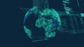 Code scrolling initiating rotation, mesh globe spinning clockwise, pulsing lines showing data flow. Technology, innovation, connectivity, digital, cybersecurity, network, futuristic - Powered by Shutterstock - Get 15% off with code: PIKWIZARD15